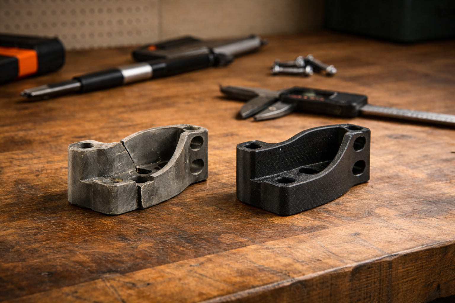 Broken original bracket beside a newly made custom replacement part on a workshop bench in Edmonton.