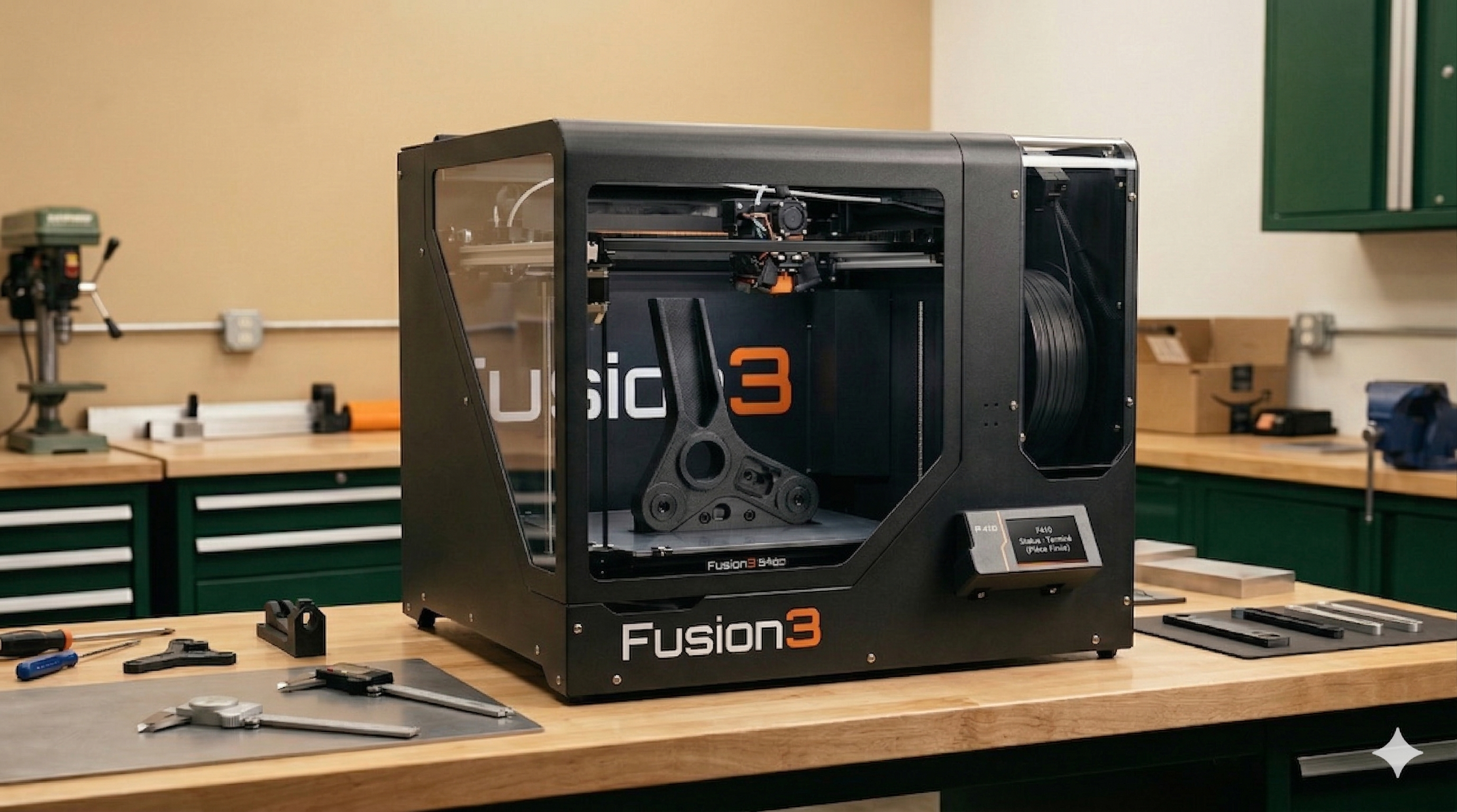 Fusion3 F410 printer in a workshop producing a custom replacement part for a specialty repair job in Edmonton.