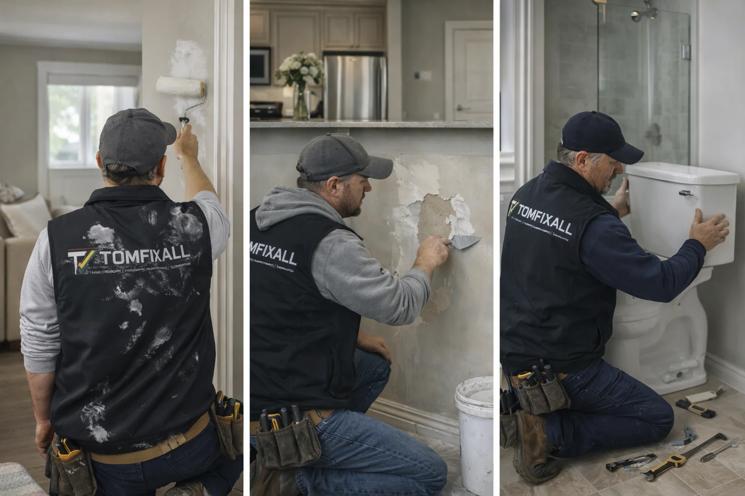 Interior TOMFIXALL work in Edmonton: painting, wall preparation, surface repair and bathroom fixture installation.