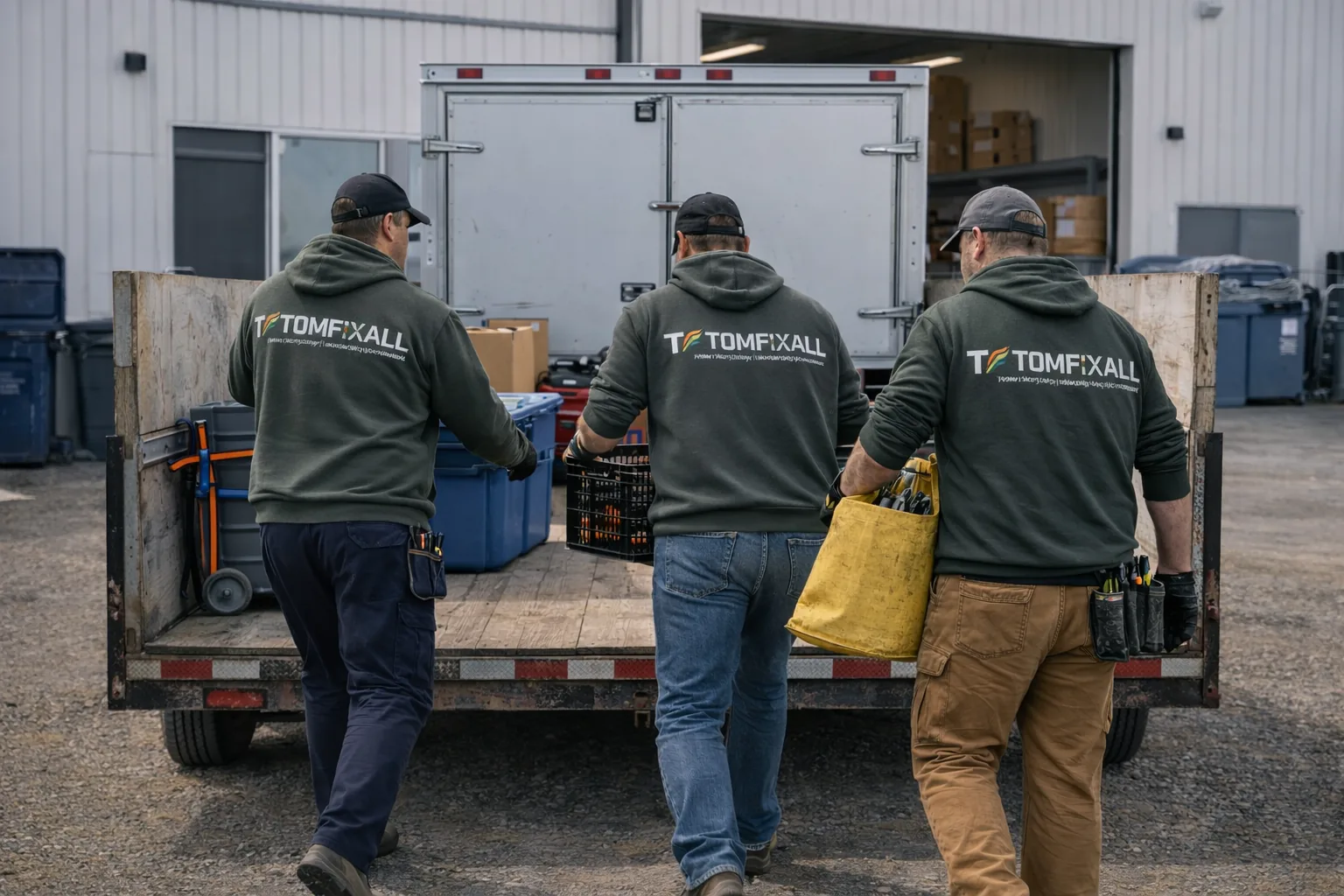 TOMFIXALL crew loading equipment for hauling, trailer work and local job support in Edmonton.