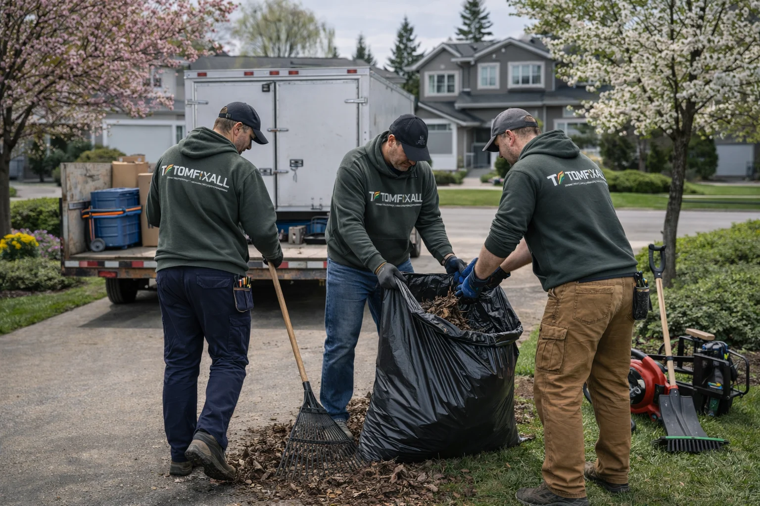 Three TOMFIXALL workers handling yard cleanup and debris haul-away in a residential Edmonton driveway.