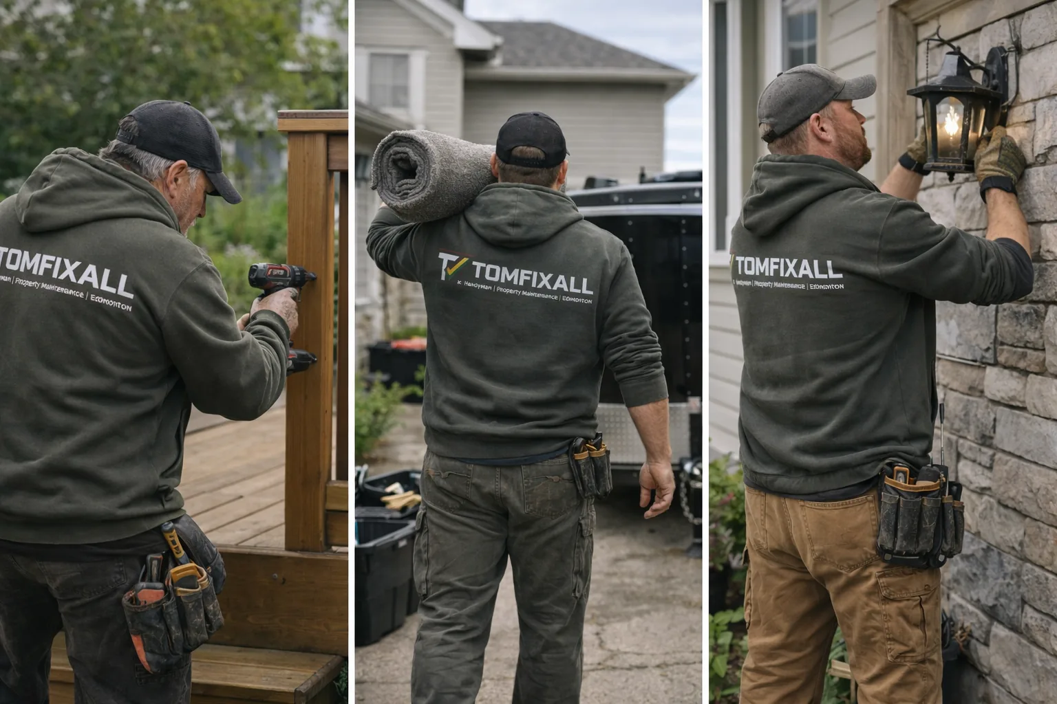 Three TOMFIXALL workers arriving for property maintenance, cleanup and local support work in West Edmonton.